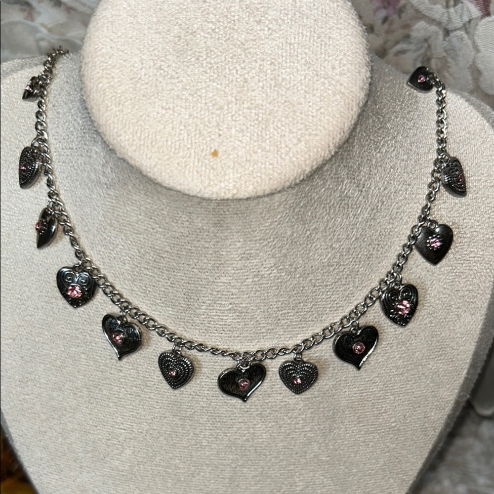 Heart Charm Necklace in Silver and Pink
